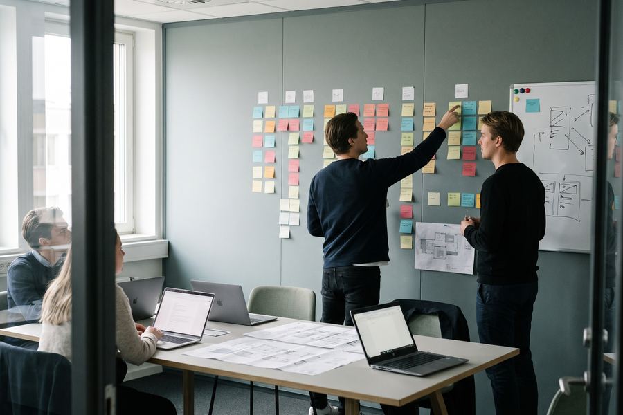A project team working together in an open-plan office