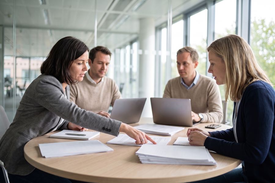 A compliance and legal team reviewing documentation in a meeting room